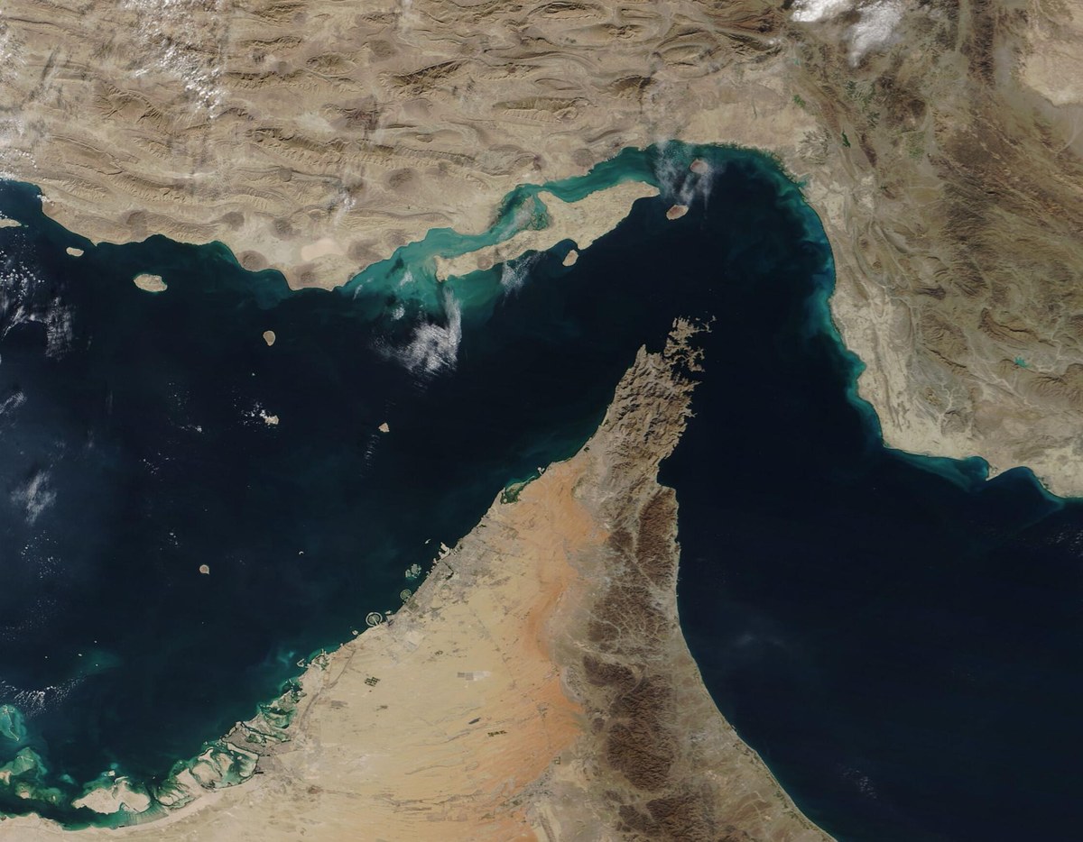 NASA satellite view of the Strait of Hormuz between Iran and the Musandam Peninsula