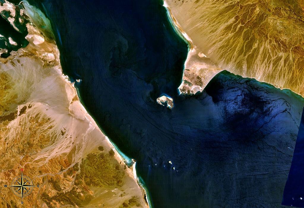 NASA satellite view of the Bab el-Mandeb strait linking the Red Sea and Gulf of Aden