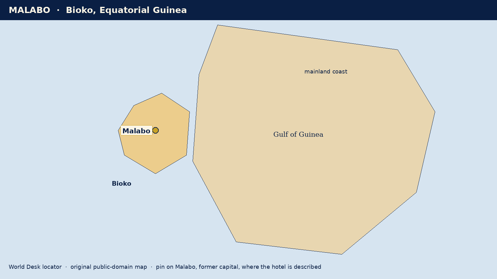 Locator map of Malabo on Bioko island, Equatorial Guinea