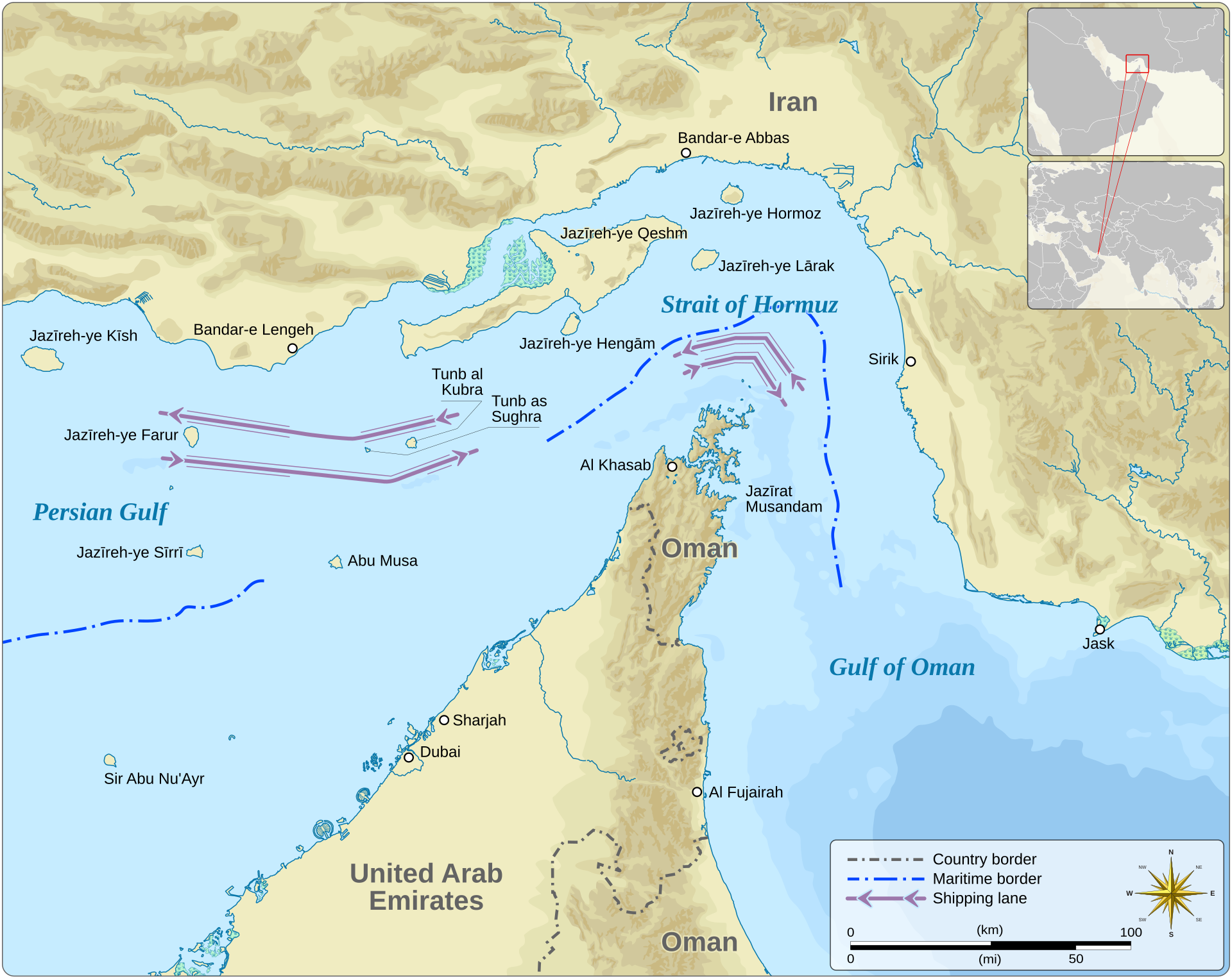 Map of the Strait of Hormuz between the Persian Gulf and the Gulf of Oman