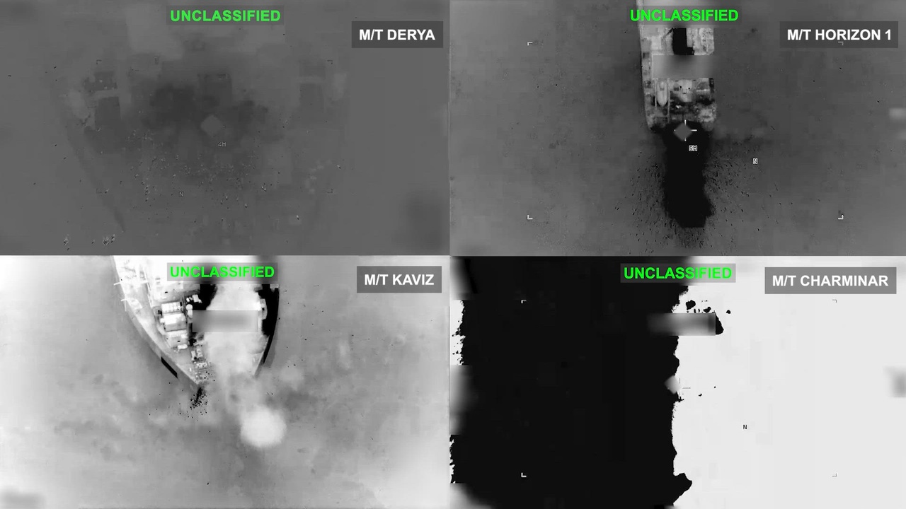 U.S. Central Command frames labeled M/T Derya, Horizon 1, Kaviz, and Charminar