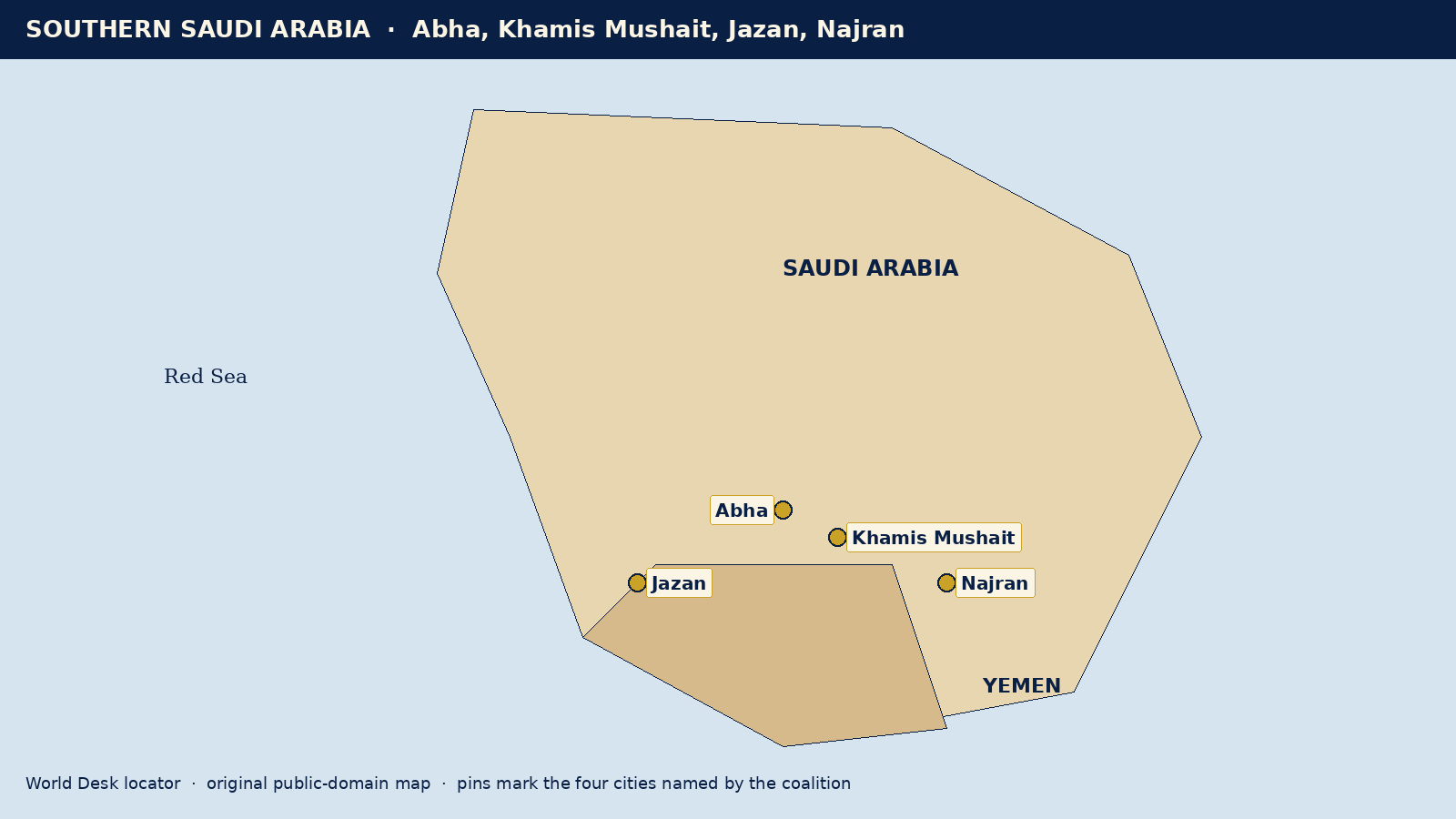 Locator map of Abha, Khamis Mushait, Jazan, and Najran in southern Saudi Arabia